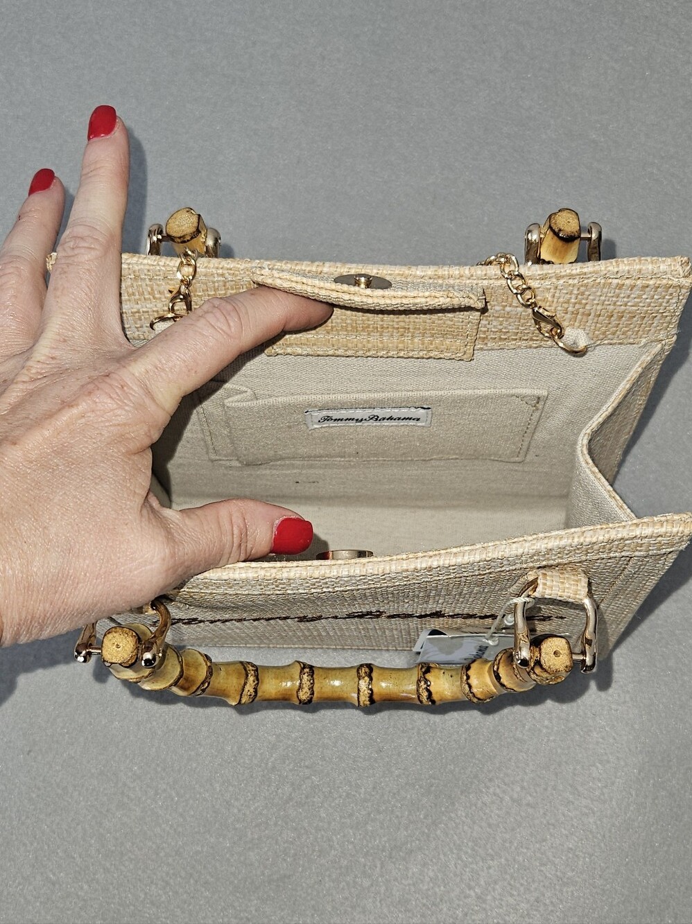 Tommy Bahama Natural Woven Tote Bag NWT Bamboo Handles Coastal Resort Style - Picture 9 of 15